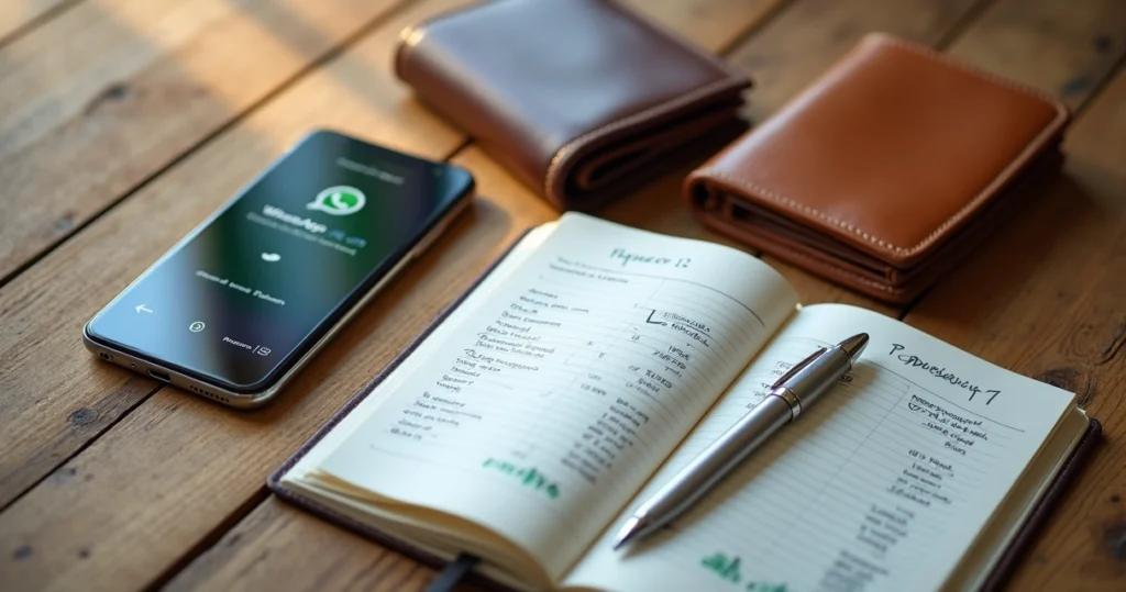 Mesa com um celular mostrando notificações, duas carteiras separadas e um caderno aberto com anotações financeiras organizadas