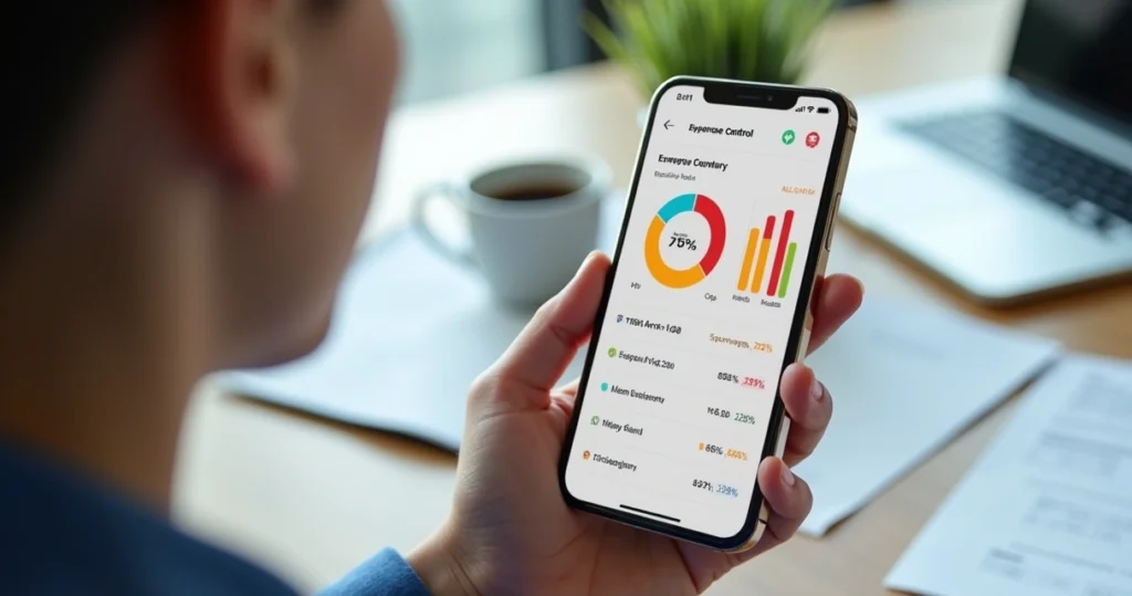 Smartphone exibindo app de controle de gastos com gráficos e notificações em ambiente de escritório moderno