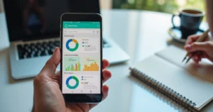 Tela de app de organização financeira mostrando gráficos, categorias de despesas e notificações no celular sobre finanças