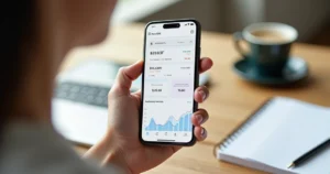 Pessoa usando aplicativo de controle financeiro em smartphone com gráficos de finanças na tela
