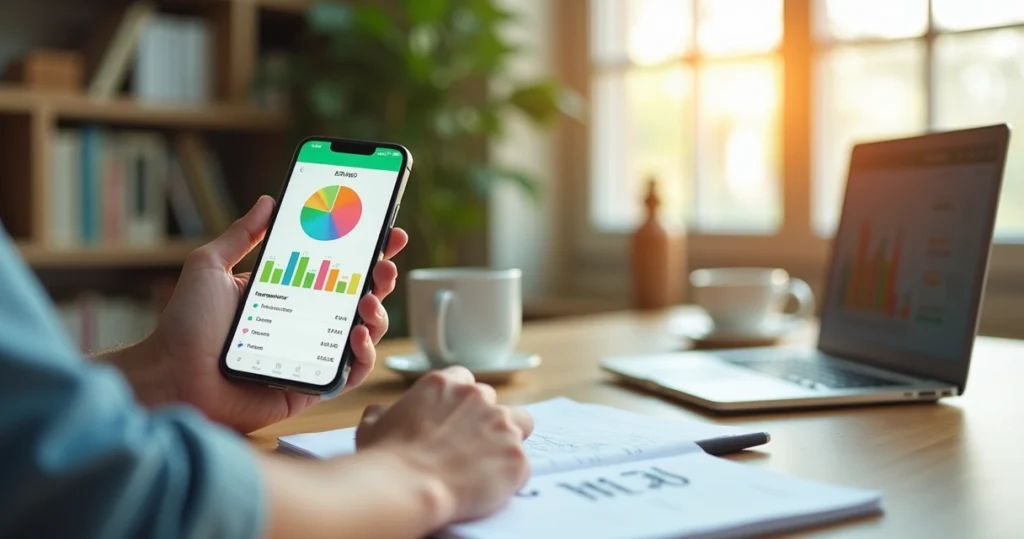 Pessoa autônoma usando aplicativo de controle financeiro no celular com gráficos coloridos na tela