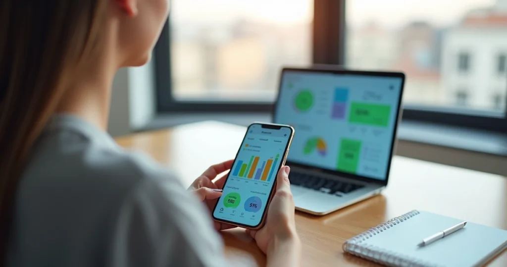 Pessoa consultando app para organizar finanças no celular com gráficos de gastos